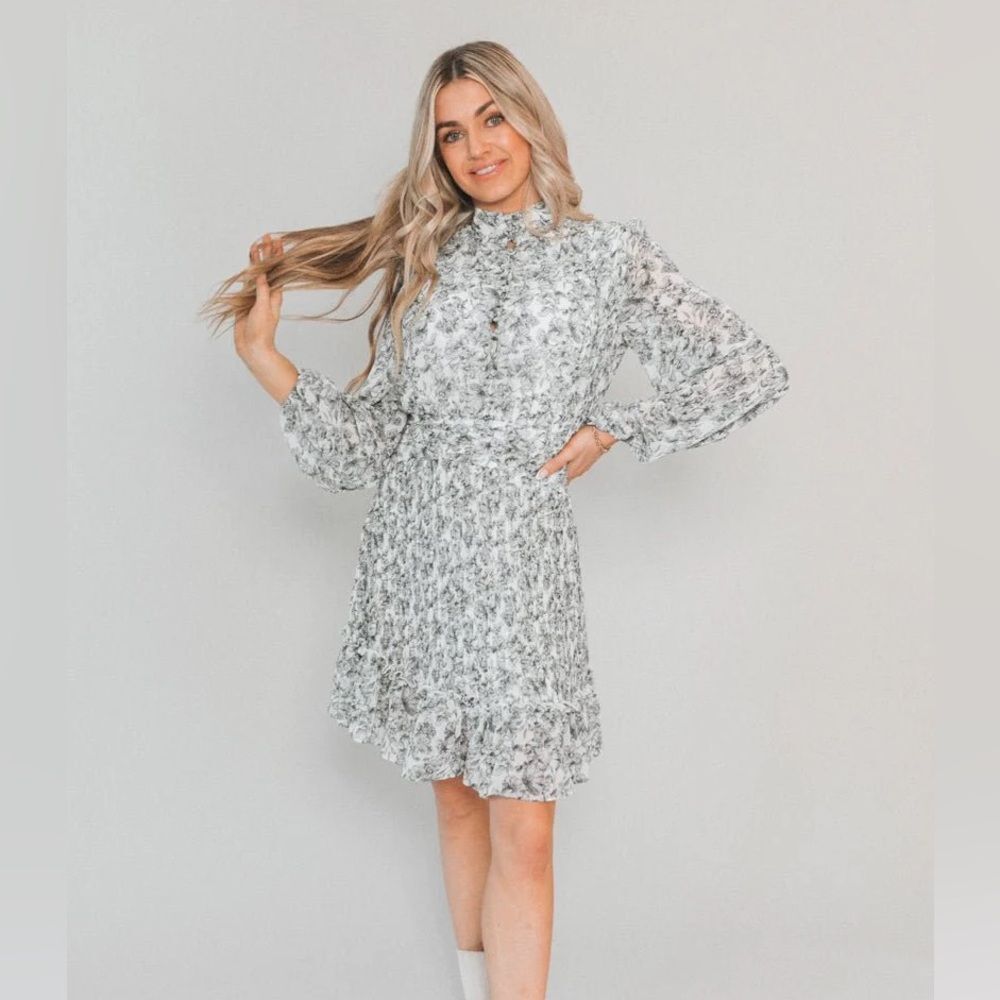 Ivy City Co Brynley Floral Mini Long Puff Sleeve Dress NEW NWT Blue White